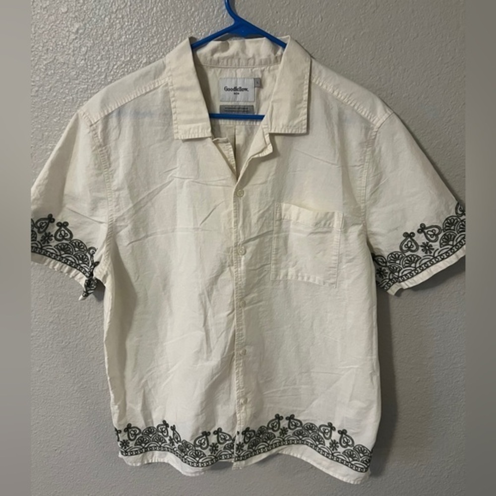 Goodfellow & Co Men's Beachy Cream Shirt with Green Accents Large